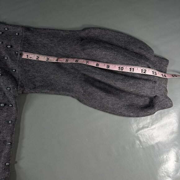 Christine Phillipe Pearl Studded Cardigan Women Sweater Balloon Sleeve Knit Grey - Picture 11 of 16